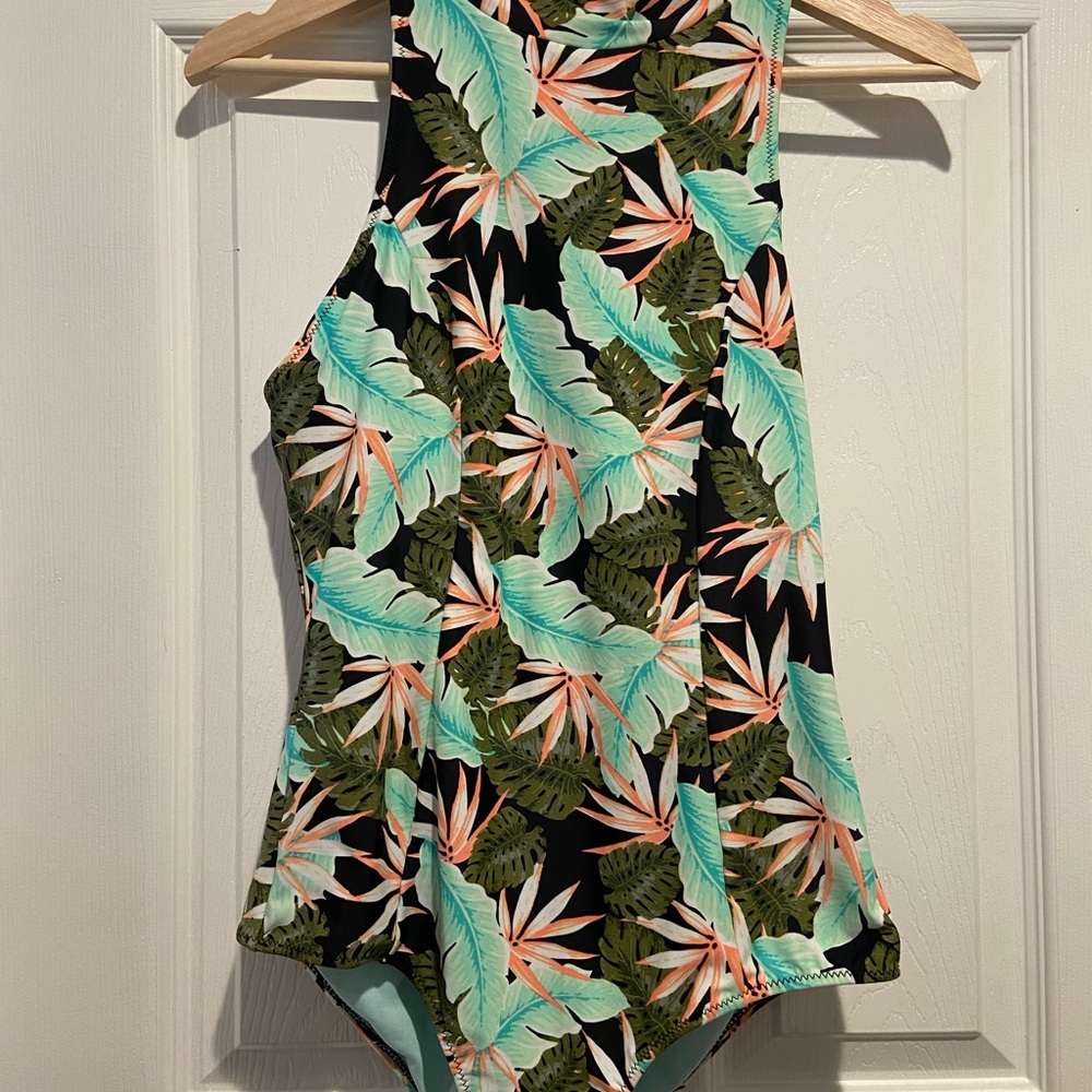 Vanilla/Beach Tropical Leaf One-Piece Swimsuit in Black, Teal, Green, Coral